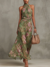 Serena - Langes grünes Blumenkleid aus Chiffon mit Halterneck