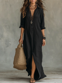 Soline™ | Maxikleid in Schwarz mit Knöpfen