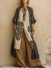 Giulia - Set aus drei Teilen im bohemian-nomadischen Stil in Dunkelgrau und Braun mit tribalem Muster