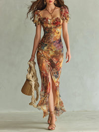 Viola - Langes Kleid aus orangefarbenem Chiffon mit Bohemian-Ölgemälde-Druck