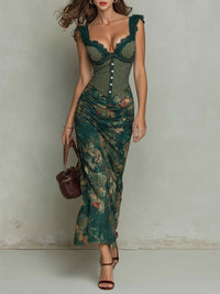 Giorgia - Langes Kleid mit gestreiftem Blumenmuster und retro Spitzenrand