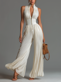 Ärmellose Chiffon-Jumpsuit in Weiß mit Reißverschluss und weitem Bein