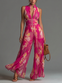 Ärmelloser Chiffon-Jumpsuit mit Fuchsia-Blumenmuster und weitem Bein