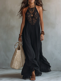 Maxikleid ohne Ärmel mit schwarzer Spitze im Boho-Stil