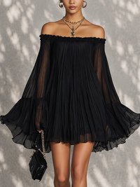 Mini-Kleid mit Glockenärmeln und Rüschen Schwarz Off-Shoulder