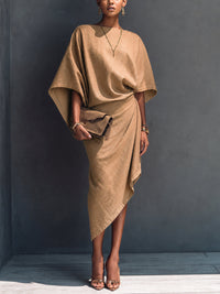 Asymmetrisches Midi-Kleid in Khaki mit Drapierung und kurzen Ärmeln