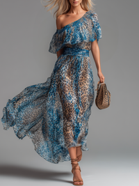 Selvaggia - Langes Chiffonkleid mit Leopardenmuster und freien Schultern