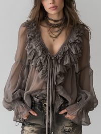 Graues Bohemian Rüschenshirt