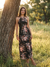 Cosima Halter Maxikleid im Mitternachts-Rosen-Garten
