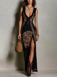 Lucrèce | Lange Boho-Kleid, Tiefer Ausschnitt und Schlitz