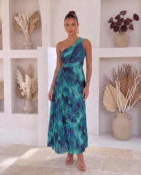 Serena | Langärmliges Plissiertes Ein-Schulter-Kleid mit Abstraktem Muster