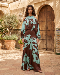 Ginevra | Satin Maxi-Kleid mit Off-Shoulder-Design und Abstraktem Muster
