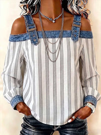 Damen gestreifter Druck Langarm Casual Lockere Off-Shoulder Denim-Einsatz Oberteil